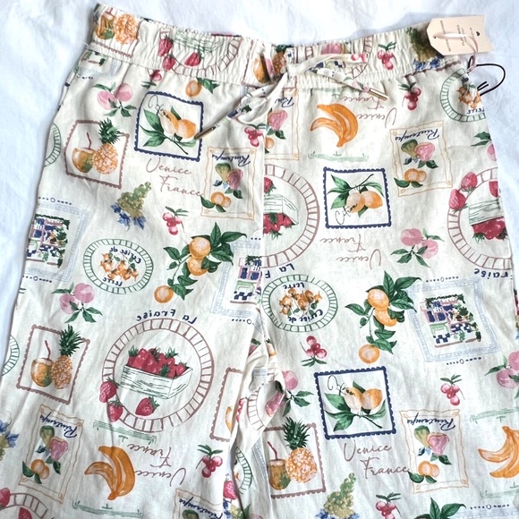 New Rachel Zoe Linen Blend Pants Sz S Wide Leg Cream & Green Tropical Fruit NWT - Picture 4 of 8